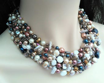 Multinstrand Pearl necklace, baroque statement necklace, cream, mauve, mocha, blue, copper, brown, crystal