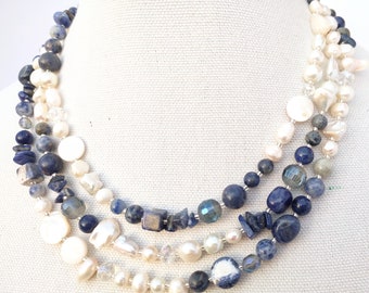 Lapis lazuli necklace, freshwater pearl, OOAK, artisan necklace, crystal, gemstone, graduated strand