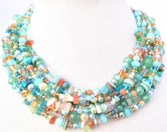 Beachy necklace, aqua, gemstone, pearl, crystal, shell, colorful necklace, statement necklace, summer jewelry