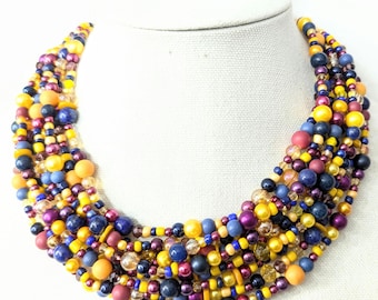 Handmade Multistrand Beaded Statement Necklace, Colorful Summer Jewelry