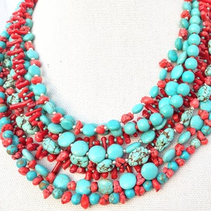 Southwest statement necklace, turquoise and red statement necklace, beaded, silver, bold, bib, multistrand, summer jewelry, ooak