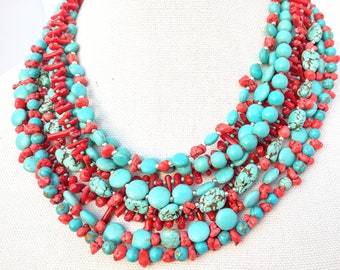 Southwest statement necklace, turquoise and red statement necklace, beaded, silver, bold, bib, multistrand, summer jewelry, ooak