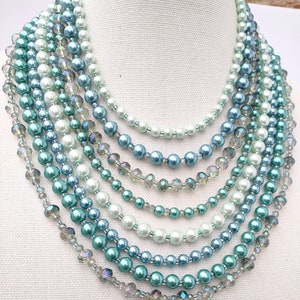 Blue and green necklace, pearl and crystal necklace, multi strand, beaded statement necklace,bib necklace, long necklace