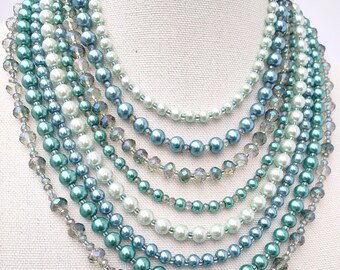 Blue and green necklace, pearl and crystal necklace, multi strand, beaded statement necklace,bib necklace, long necklace