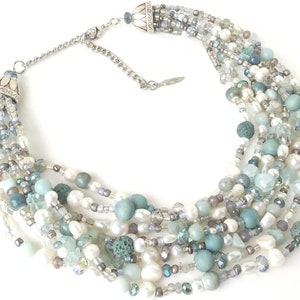Multi-Strand Gemstone Statement Necklace, Amazonite, Pearl, Crystal