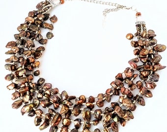 Brown keshi pearl necklace, freshwater pearl statement necklace, multistrand, handmade jewelry, unique jewelry