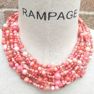Coral statement necklace, multiatrand pearl and crystal necklace, pearl necklace, peach, pink