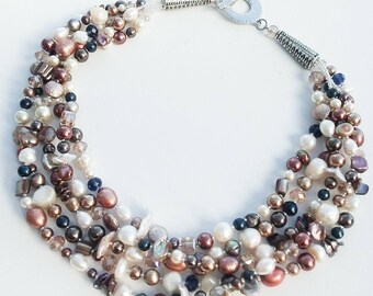 Pearl statement necklace, elegant,crystal, freshwater pearl, handmade jewelry, mocha,mauve, copper, bronze, blue