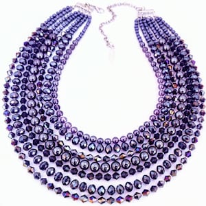 Purple crystal necklace, bib necklace, purple, multi strand, beaded statement necklace