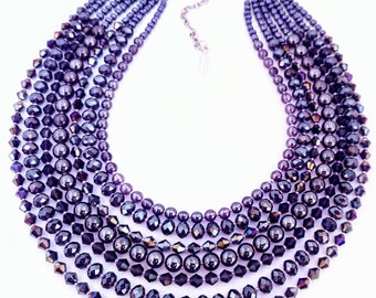 Purple crystal necklace, bib necklace, purple, multi strand, beaded statement necklace