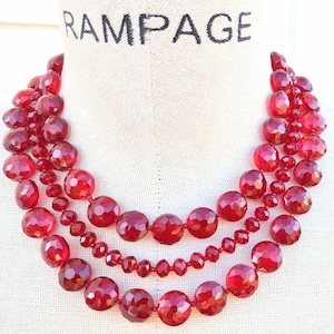 Red bib necklace, red crystal necklace, red statement necklace, necklace for women, 3 strand necklace
