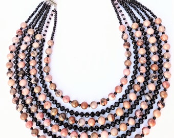Mauve Bib necklace, beaded, pink gemstone necklace, layered, multi strand, statement jewelry