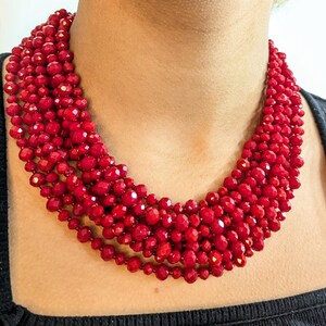 Red Crystal necklace, chunky bold multistrand, collar necklace