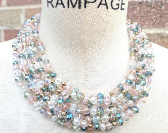 Pink crystal Statement Necklace, sparkling iridescent beaded necklace, formal necklace