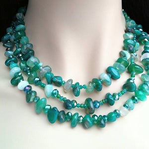 Teal bib necklace, Green, layered, gemstone, Crystal necklace, chunky, statement jewelry