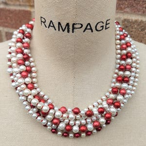 red and white pearl necklace, Christmas statement necklace, candy cane necklace