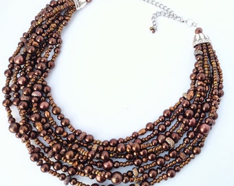 Chocolate brown pearl and crystal statement necklace, multistrand, handmade jewelry