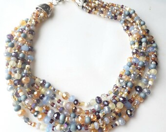 Beaded necklace for women, crystal statement necklace, multi color, multistrand, unique jewelry