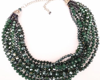 Dark green vintage style necklace, crystal necklace, mid-century, 1950's jewelry, statement necklace, pearl,evening jewelry