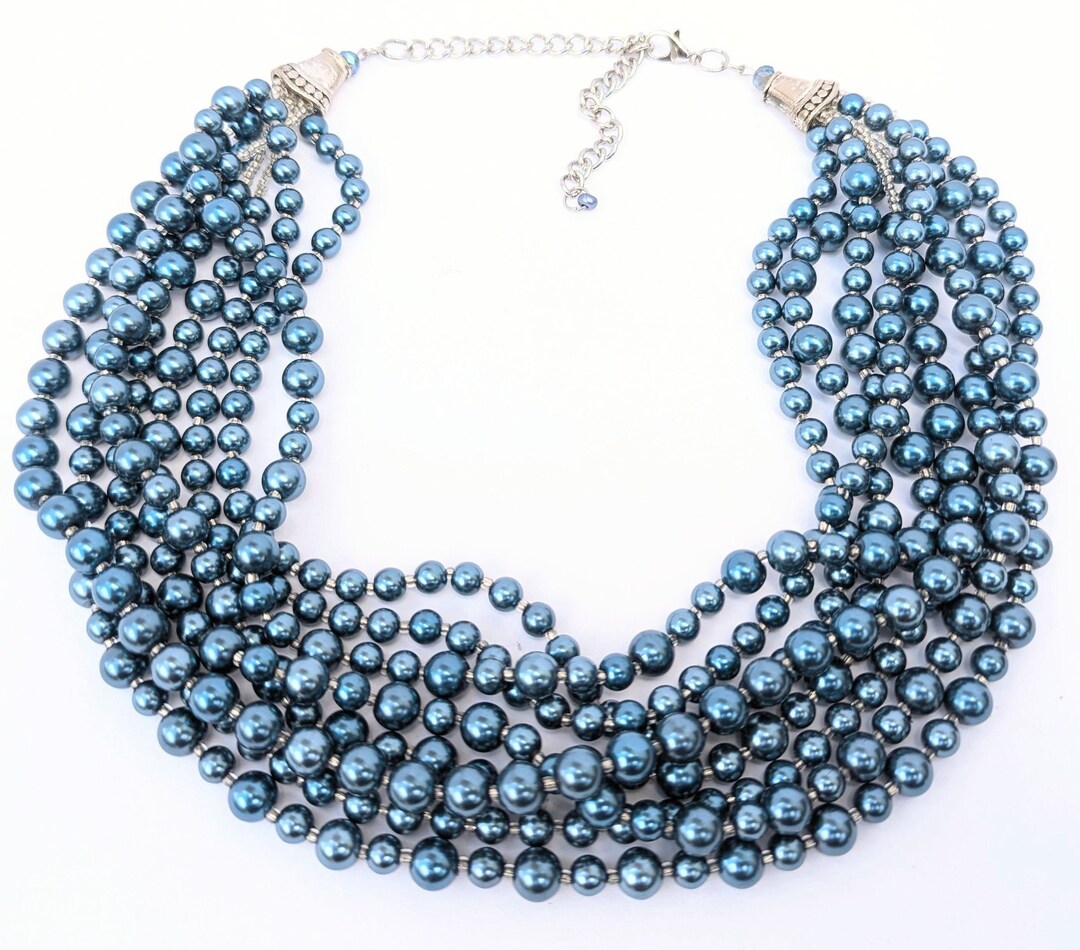 Blu Statement Dusty Blue Statement Necklace, Slate Blue, Ink Blue Pearl Statement ...