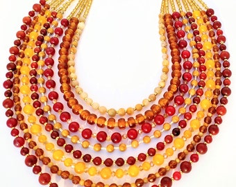 Boho necklace, Red yellow and orange necklace, gemstone beaded necklace for women, layered necklace, multistrand