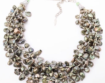 Green keshi pearl necklace, freshwater pearl statement necklace, multistrand, handmade jewelry, unique jewelry, boho necklace