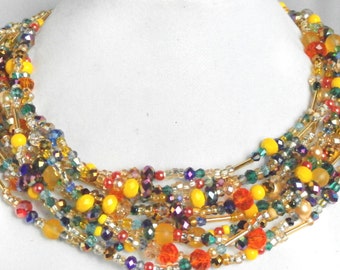 Yellow statement necklace, multi strand, crystal, gemstone, summer jewelry,  colorful, rainbow