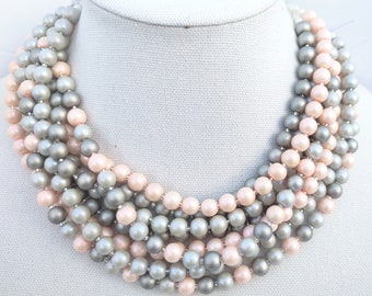 Gray and peach beaded statement necklace, collar necklace, multistrand