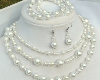 White Pearl Bridal Jewelry Set, Crystal Rondelle Necklace, Earrings, Bracelet