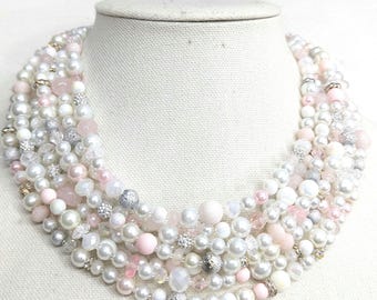 Light pink and white pearl necklace, crystal, silver, statement necklace, multi strand, Ice Queen