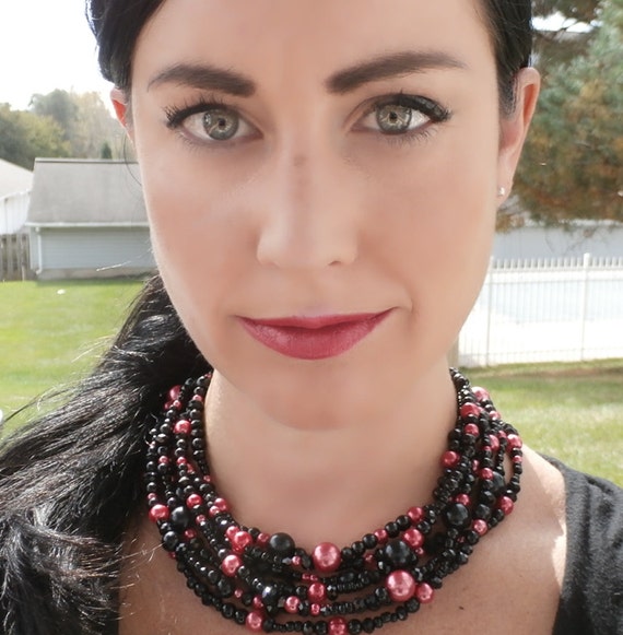 Jewelry Sale! Raspberry, black statement necklace, pearl, crystal, pink,  multistrand,chunky,beaded, Casual Bling, handmade jewelry