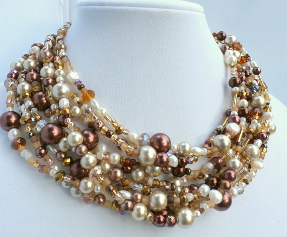 Chunky beaded necklace, necklace for women, brown, tan, cream, white, multistrand, crystal, pearl necklace