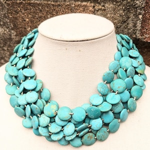 Chunky turquoise necklace, multistrand statement, coin beaded necklace, gemstone necklace