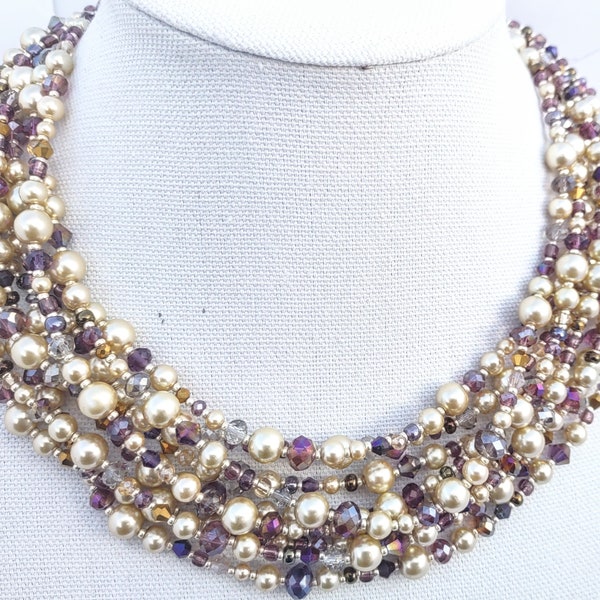 Almond, gold, lavender beaded necklace for women, crystal statement necklace, multi color, multistrand, unique jewelry