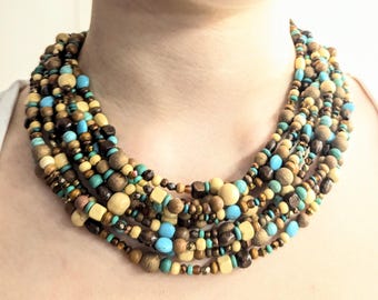 Boho Wooden Beaded Multistrand Necklace, Tan Turquoise Statement