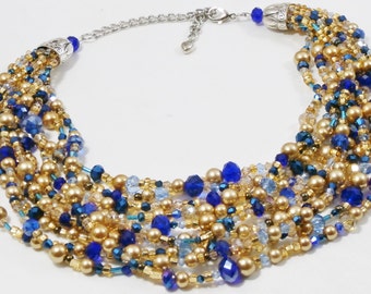 Collier original en or, bleu cobalt, perles multirangs, cristal, bijoux en perles, fait main par Casual Bling