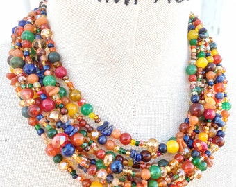 Colorful statement necklace, gemstone, crystal, multistrand, agate, Jade, lapiz lazuli, sodalite, citrine