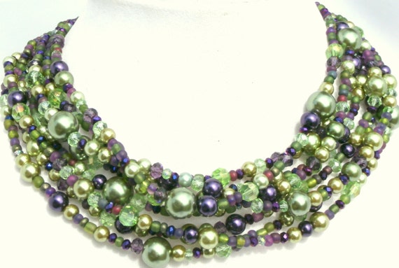 Green Necklace Purple Chunky Pearl Statement Necklace Crystal
