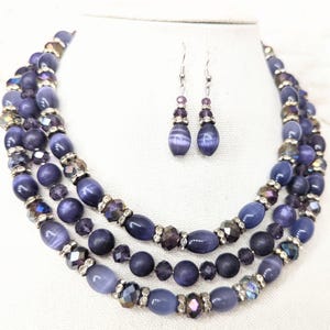 Purple 3 strand necklace, amethyst gemstone and crystal necklace, bib necklace