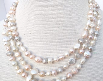 3 strand necklace, freshwater pearl necklace, cream, gray, dusty rose