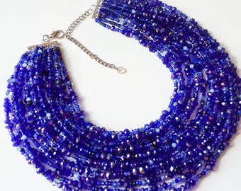 dark blue statement necklace, Crystal, beaded scarf 18 strand mid century, evening jewelry, mid century necklace, vintage style