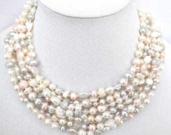 Cream pearl necklace, freshwater pearl necklace, peach,light pink, gray, white pearl and crystal necklace,  wedding jewelry