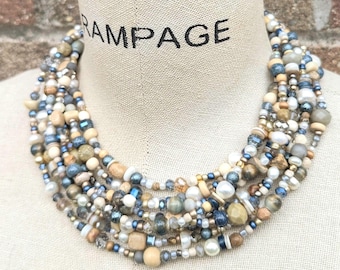 Beaded Multistrand Necklace, Gemstone Pearl Crystal Statement Jewelry