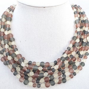 Mid century layered necklace, Mauve gray and cream statement necklace, beaded, colorful necklace, layered, multi strand, statement jewelry