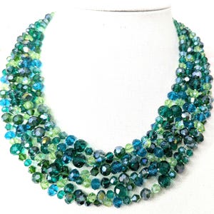 Green crystal necklace, green and blue necklace, mid century, beaded necklace, evening jewelry, unique necklace