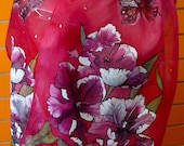 Hand Painted Silk Scarf. Red scarf with tulips good birthday gift.