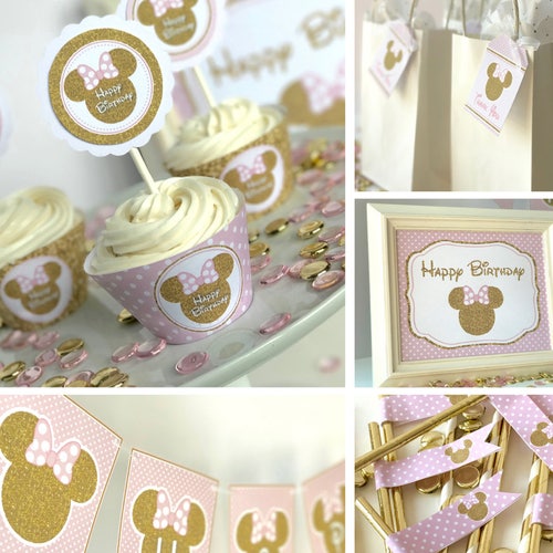 Pink and Gold Minnie Mouse Cupcake Toppers Glitter Cake - Etsy
