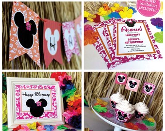 Minnie Mouse Luau Party Package | Minnie Luau Party Decorations | Hawaiian Decorations | Tropical | Editable Invitation | Instant Download