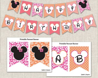 Minnie Mouse Luau Banner, Tropical Pennant Banner, Party Decorations, DIY Instant Download