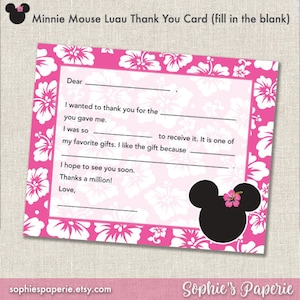 Minnie Mouse Luau Thank You Card, Fill in the Blank, Thank You Card, Printable DIY Instant Download